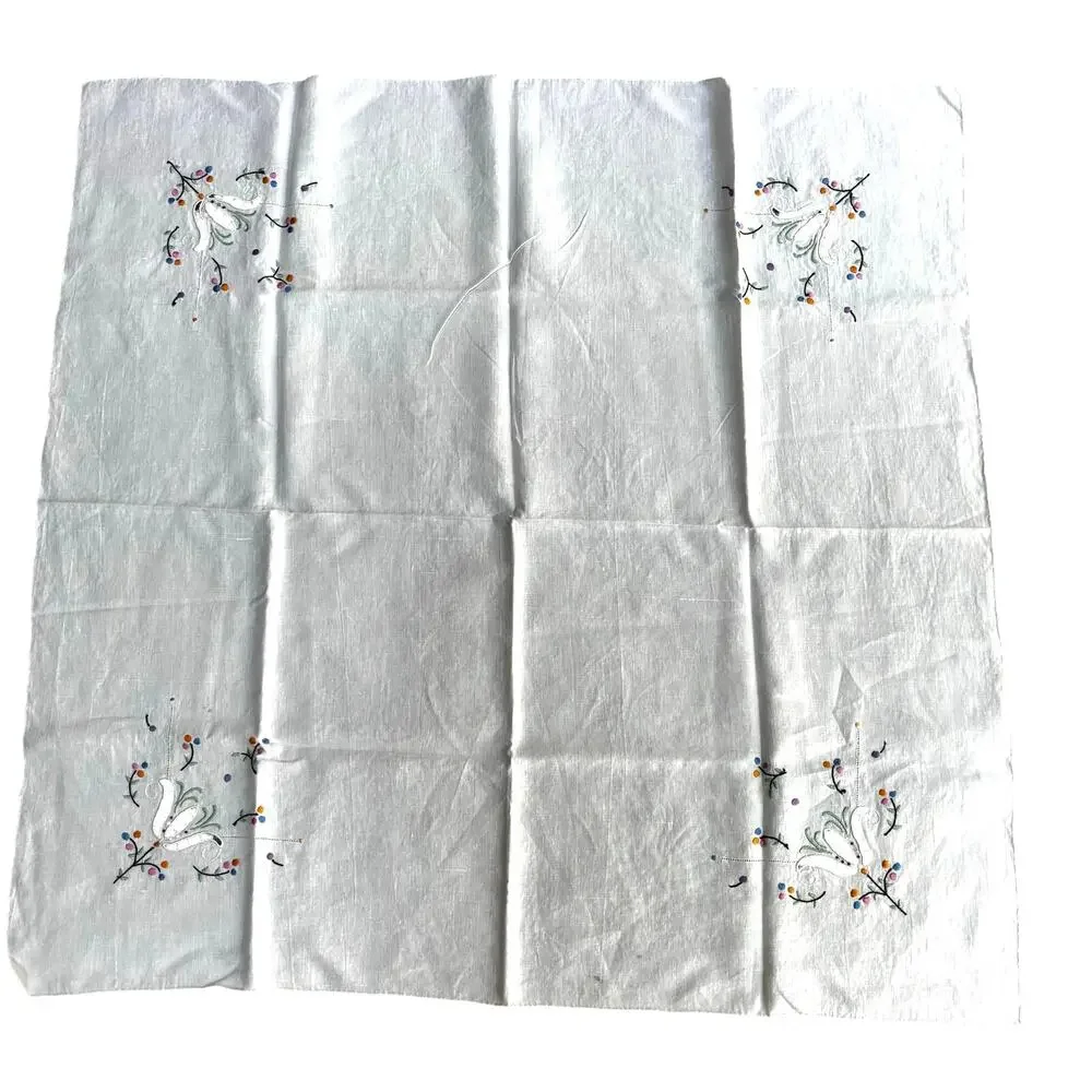 Vintage linen blend tablecloth topper embroidery cutwork creamy white square